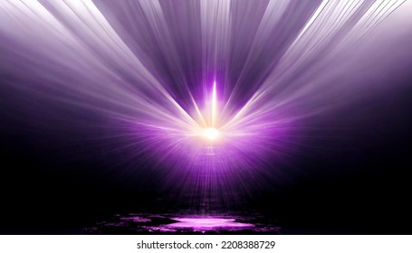 Violet Sun Rays. The Star Burst With Brilliance, Glow Bright Star, Purple Glowing Light Burst. Abstract Background Of Neon Lines And Rays. Purple Light Glow. 3D Rendering