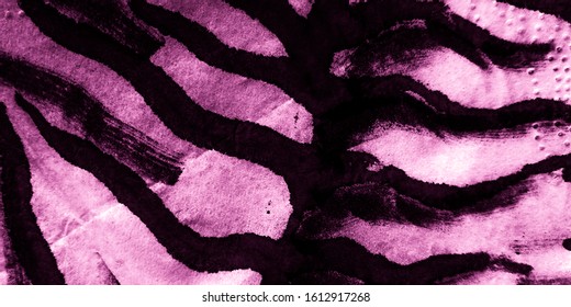 Violet Tiger Skin Pattern. Tie Die Stripe. Pink Africa. Watercolor Wild Animals. Rose Tiger Patch. Stripe Illustration. Passion Tiger Flora Pattern.