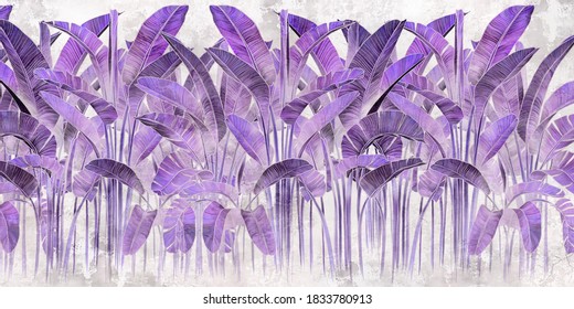 
Violet Tropical Leaves On Grey Concrete Background. Great Choise For Mural, Card, Postcard, Wallpaper And Photo Wallpaper. Design For Modern And Loft Interiors.