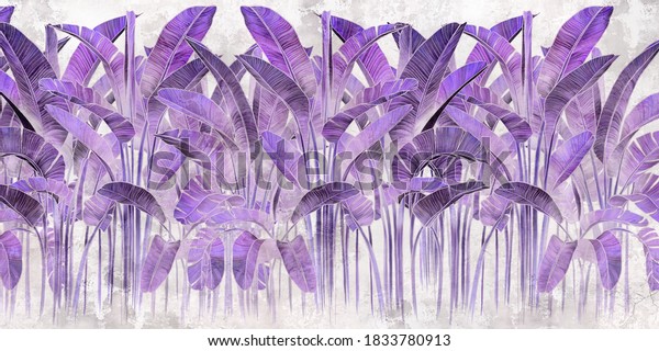  Violet tropical leaves on grey concrete background. Great choise for mural, card, postcard, wallpaper and photo wallpaper. Design for modern and loft interiors.