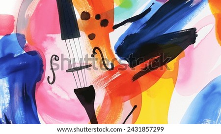 Violin colorful watercolor painting. Abstract background illustration. Fade wash, expressive. Advertisement banner book cover invitation