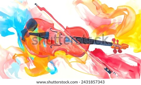 Violin colorful watercolor painting. Abstract background illustration. Fade wash, expressive. Advertisement banner book cover invitation