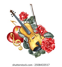 A violin decorated with red roses and a golden treble clef on a red heart. The watercolor illustration is hand-drawn. For posters, flyers and invitation cards. For banners, postcards, logos, stickers. - Powered by Shutterstock