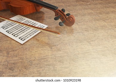 Violin and empty paper for notes chords  on a table, Concept image for classical music instrument. background with copy space for your text, 3d illustration.