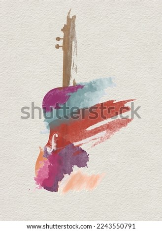 A violin musical instrument is seen in an abstract watercolor painting isolated on a white background.