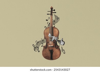 A violin with musical notes and butterflies. The violin is central, surrounded by notes. Butterflies add elegance to the violin and musical theme isolated on beige textured background.