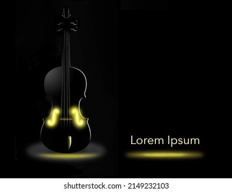 A violin is seen in striking and unusual lighting in this image that is a 3-d illustration with text space.