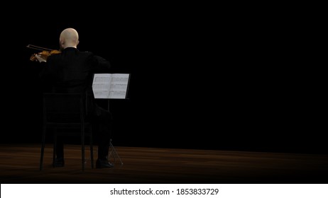 Violinist Solo Performing With Violin On Stage Alone With Note Stand Black Background 3d Rendering