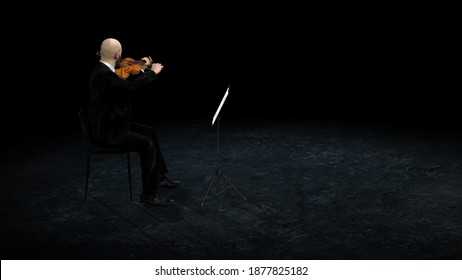 Violinist Solo Performing With Violin On Stage Alone With Note Stand Black Background Side View 3d Rendering