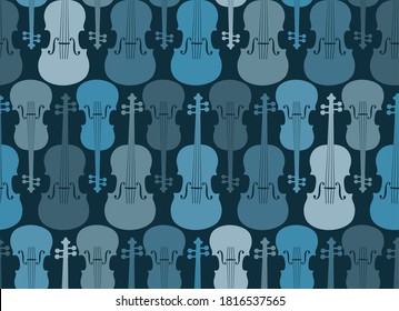 Violins, seamless pattern, gray-blue.Grey and blue violins on a dark field. 