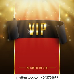 VIP background with realistic black curved ribbon, rays of light, particles and stars