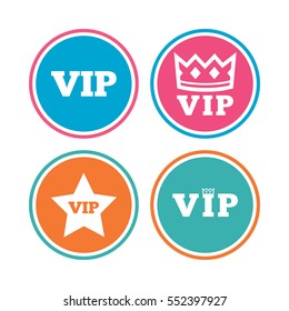 VIP icons. Very important person symbols. King crown and star signs. Colored circle buttons. 