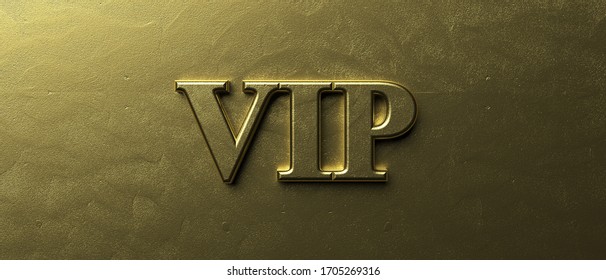 Vip word, very important person. Popular member concept. Inflated gold color text on luxury gold background, texture, banner. 3d illustration