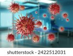 Viral bacteria in hospital. Molecules infection fly to hospitals. Bacteria dangerous disease. Deadly disease virus. Bacteria that transmit disease through airborne droplets. Influenza virus. 3d image