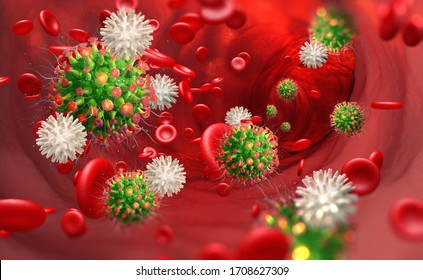 Viral Infection In Blood. Immunity Fights Disease. White Blood Cells Attack Viruses. Viral Mutations And Immune Defense 3D Illustration