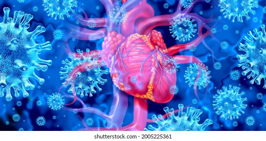 Viral myocarditis or virus infection of the human heart resulting in inflammation  of the cardiac circulatory organ with 3D illustration elements.