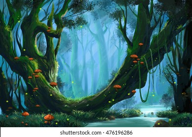 The Virgin Forest. Video Game's Digital CG Artwork, Concept Illustration, Realistic Cartoon Style Background
