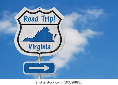 Virginia Road Trip Highway Sign, Virginia Map And Text Road Trip On A Highway Sign With Sky Background 3D Illustration