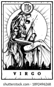 Virgo Blackwork Tarot Card Print Design Tattoo Art.