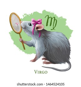 Virgo Creative Digital Illustration Of Astrological Sign. Rat Or Mouse Symboll Of 2020 Year Signs In Zodiac. Horoscope Earth Element. Logo Sign With Young Girl. Graphic Design Clip Art For Web Print