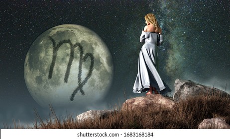 Virgo, the virgin or maiden, is the sixth sign of the Zodiac. People born between August 22nd and September 22nd have this astrological sign. 3D rendering.