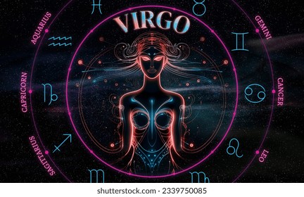 Virgo. Zodiac sign. Illustration of the Virgo symbol of the horoscope over a cosmos of constellations