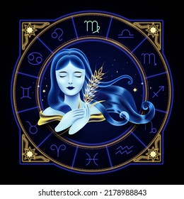 Virgo Zodiac Sign Represented By A Young Maiden Carrying A Sheaf Of Wheat. Neon Horoscope Symbol In Circle With Other Astrology Signs Sets Around.