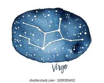 Virgo Zodiac Sign in the shape of Star Constellation in the Dark Night Sky. Free hand water color graphic drawing on white backdrop, cutout. Symbol of purity, marriage, forgiveness and understanding.