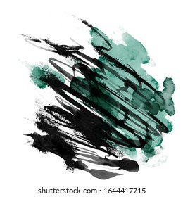 Viridian green watercolor with black ink abstract splash. Stock Illustration