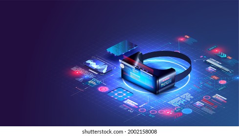 Virtual or augmented reality concept in isometric  illustration. VR, AR glasses connection to network. Can be used as website poster or landing page design. 3D VR glasses on blue grid. UI, UX