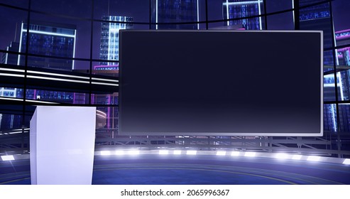 Virtual Background With An Empty Monitor And A Stand Desk, Ideal For Tv News, Shows Or City Presentations. A 3D Illustration, Suitable On VR Tracking System Sets, With Green Screen