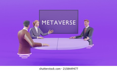 Virtual Conference Meeting In The Metaverse With Digital Avatars Doing A A Presentation Online. While Working Remote From Home. 3D Rendering