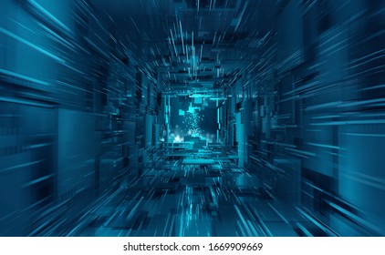 Virtual Data Center. Digital Streams And Future Technology. Deep Machine Learning 3D  Illustration. Flight In Quantum Cyberspace