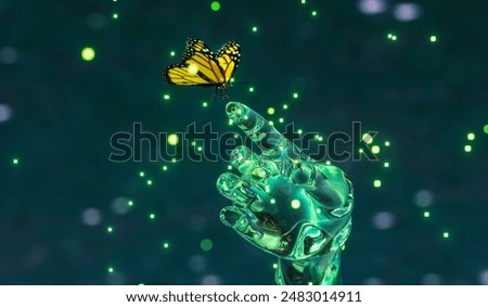 Virtual Digital hand of Artificial Intelligence (AI) touching butterfly. green technology concept. 3d rendering