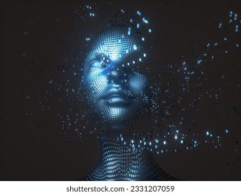 Virtual Digital head of Artificial Intelligence (AI). deep learning concept. Hologram. 3d rendering