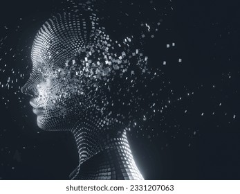 Virtual Digital head of Artificial Intelligence (AI). deep learning concept. Hologram. 3d rendering