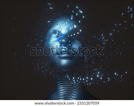 Virtual Digital head of Artificial Intelligence (AI). deep learning concept. Hologram. 3d rendering