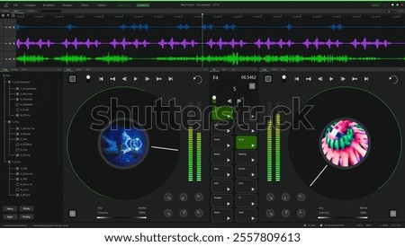 Virtual Dj Interface With Dual Turntables and Vibrant Audio Visualizations. Music Producers and Tech Enthusiasts Seeking Innovative DJ Software Experiences.