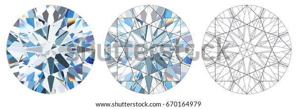 標準の丸いブリリアントカットダイヤモンドの内部屈折の仮想ファセットパターン 白い背景に接写トップビュー 3dレンダリングの図 のイラスト素材