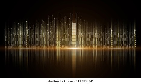 Virtual Golden Particle Digital City Skyline On Black Background