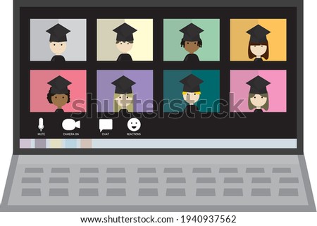 Virtual graduation flat design on laptop screen with graduation hats or caps and capes