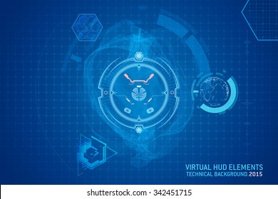 Virtual hud elements for futuristic design. Abstract shining icons on blue digital screen. Creative Technology on dark background.