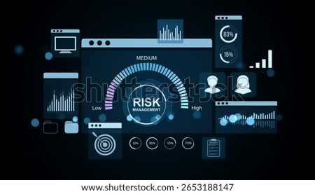 Virtual interface of risk management dashboard with charts, graphs, and user data elements in neon blue on dark abstract background. 3D Rendering