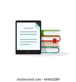 Virtual Library Concept Isolated On White Background, Stack Of Books Behind Electronic Book Reader Or Tablet With Document Page On Screen, Online Education Icon, Learning, E-book Digital Technology