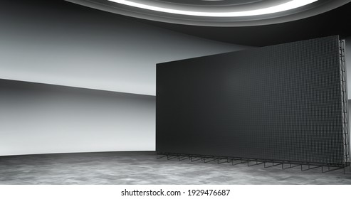 Virtual Meeting Room Background, With A Big Blank Screen Ideal For Tv Shows, Or Events. 3D Render Backdrop Suitable On VR Tracking System Stage Sets, With Green Screen