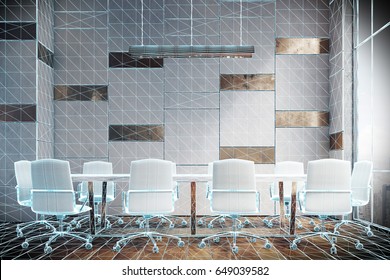 Virtual Meeting Room Interior With Wooden And White Walls, A Long White Table And A Lot Of White Office Chairs Standing Around It. 3d Rendering Mock Up