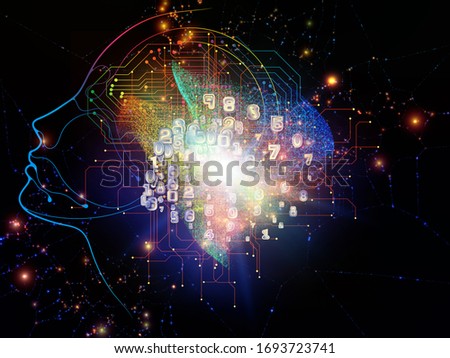 Virtual mind series. Human head integrated with CPU components on the subject of artificial intelligence, modern technologies and computer science.