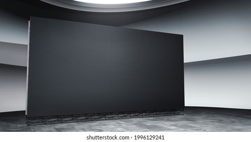 Virtual Newsroom Background, With A Big Blank Video Wall Ideal For Tv Shows, Or Events. 3D Render Backdrop Suitable On VR Tracking System Stage Sets, With Green Screen