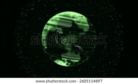 Virtual planet Earth with data connection network. Technological digital globe world background. Abstract sphere with particles and lines. Security artificial intelligence of the planet. 3D rendering.