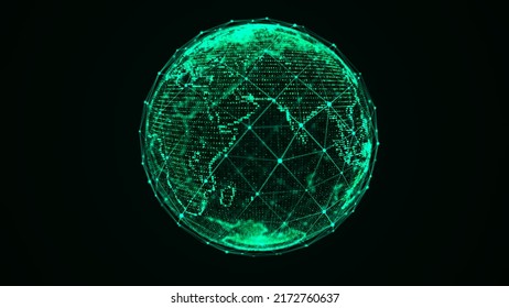 Virtual Planet Earth With Particles And Lines. Network Connection Big Data. Abstract Technology Green Background. 3D Rendering.